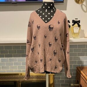 Skull Cashmere V-Neck Sweater - Brown with Black Skulls